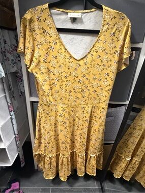 V-Neck Mustard Yellow Floral Tiered Mini Dress
